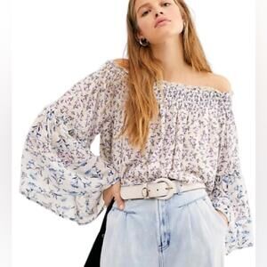 Free People Rose Valley White Floral Off Shoulder Crop Blouse Top- Size Medium